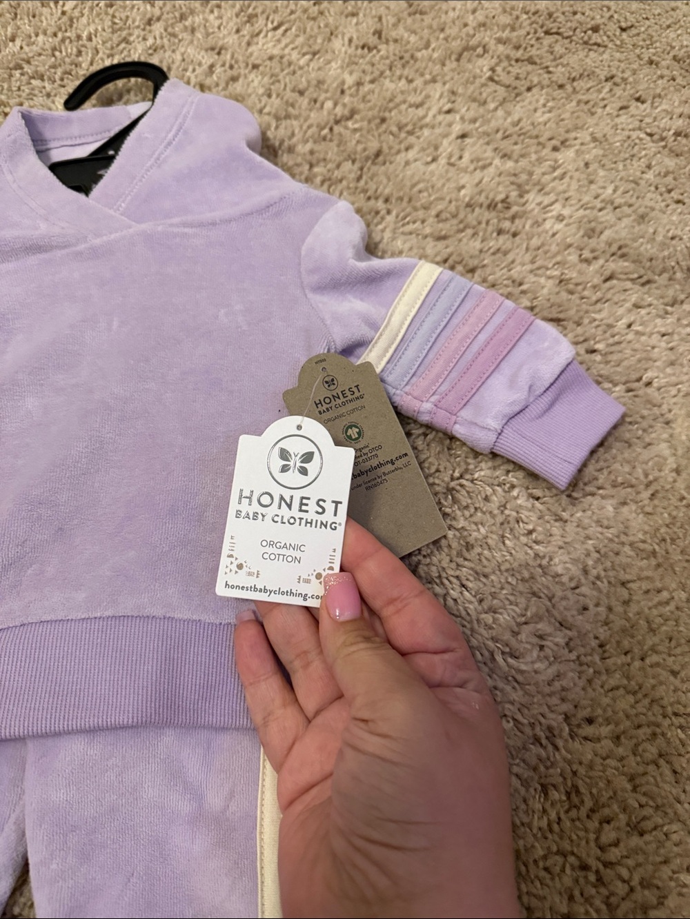 Honest Lilac Baby Hoodie & Jogger Velour Set Size Newborn-Nwt — image 2 of 6